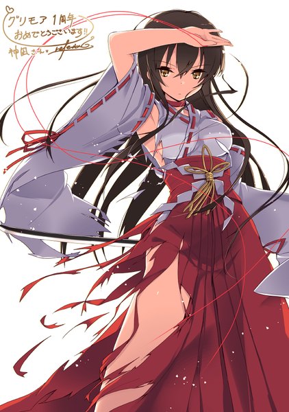 Anime picture 633x900 with refeia single long hair tall image looking at viewer fringe breasts black hair simple background standing white background signed yellow eyes long sleeves traditional clothes japanese clothes wide sleeves torn clothes miko girl