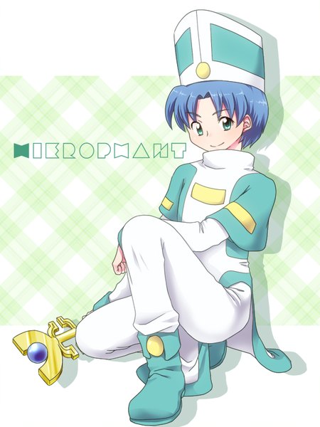 Anime picture 600x800 with magical drop sinkaikiiro single tall image looking at viewer short hair smile green eyes blue hair bent knee (knees) shadow boy uniform child (children)