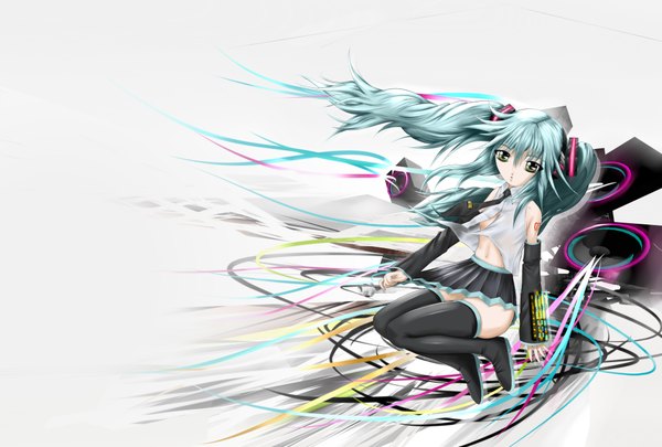Anime picture 4000x2700 with vocaloid hatsune miku long hair highres simple background twintails green eyes absurdres wind aqua hair girl skirt ribbon (ribbons) detached sleeves miniskirt necktie thigh boots speakers
