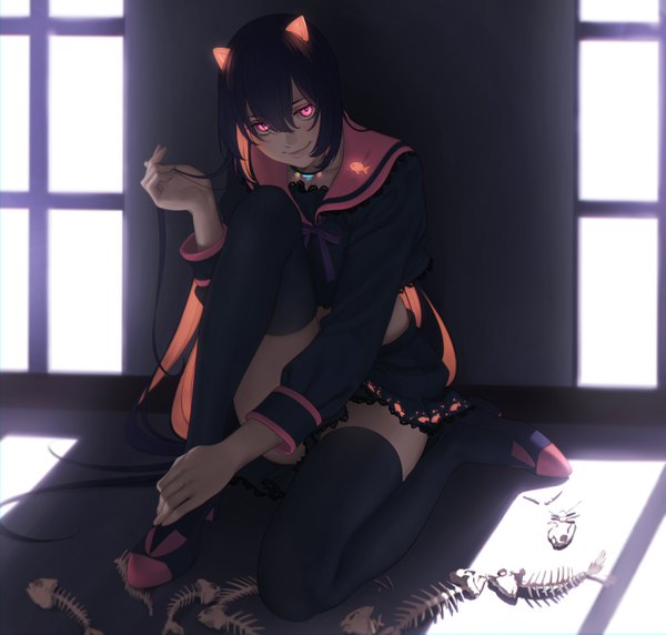 Anime picture 2827x2698 with original revolmxd single looking at viewer blush fringe highres light erotic black hair smile hair between eyes sitting animal ears payot full body bent knee (knees) very long hair pleated skirt pink eyes multicolored hair