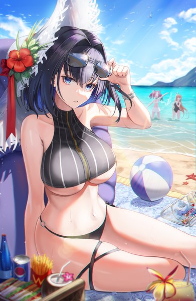 Anime picture 1500x2300 with virtual youtuber hololive hololive english mcdonald's pepsi ouro kronii nanashi mumei hakos baelz fall (aki) tall image fringe short hair breasts blue eyes light erotic black hair hair between eyes brown hair large breasts standing