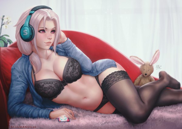 Anime picture 2800x2000 with original chloe (sciamano240) sciamano240 single long hair blush fringe highres breasts light erotic large breasts signed payot looking away pink hair cleavage bent knee (knees) indoors lying long sleeves
