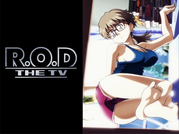Anime picture 1280x960 with read or die j.c. staff sumiregawa nenene single breasts light erotic brown hair bare shoulders signed cleavage ponytail looking back barefoot from behind scan inscription grey eyes cameltoe girl glasses