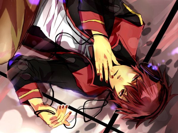 Anime picture 1600x1200 with vocaloid akaito single red eyes red hair lying nail polish boy shirt jacket headphones fireflies