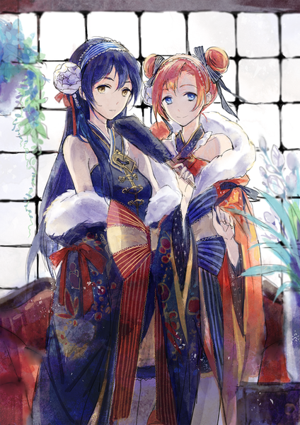 Anime picture 1060x1500 with love live! school idol project sunrise (studio) love live! nishikino maki sonoda umi chairlog long hair tall image looking at viewer fringe breasts blue eyes smile standing multiple girls brown eyes blue hair red hair traditional clothes head tilt