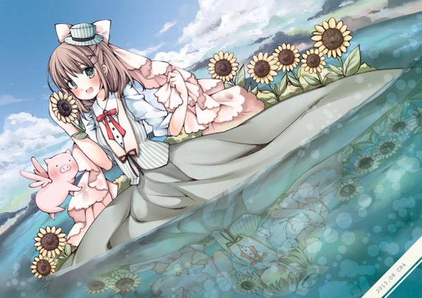 Anime picture 2459x1736 with original mottida looking at viewer blush highres short hair open mouth blue eyes brown hair sky cloud (clouds) girl dress flower (flowers) hat animal water pig