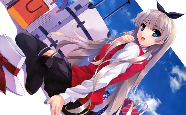 Anime picture 3200x1984 with kanban musume misaki kurehito single long hair highres open mouth blue eyes wide image absurdres sky cloud (clouds) nail polish looking back grey hair girl thighhighs skirt black thighhighs miniskirt shirt
