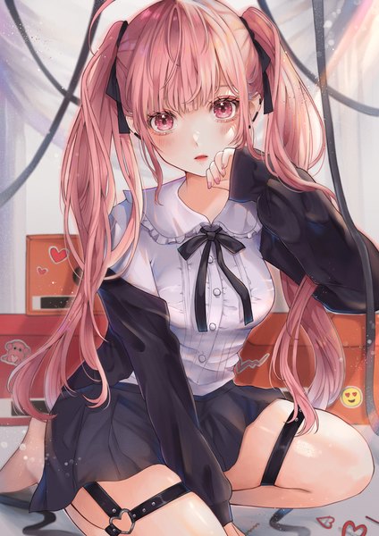 Anime picture 2894x4093 with original kino nae single long hair tall image looking at viewer blush fringe highres open mouth twintails payot pink hair blunt bangs long sleeves nail polish pink eyes fingernails off shoulder open jacket