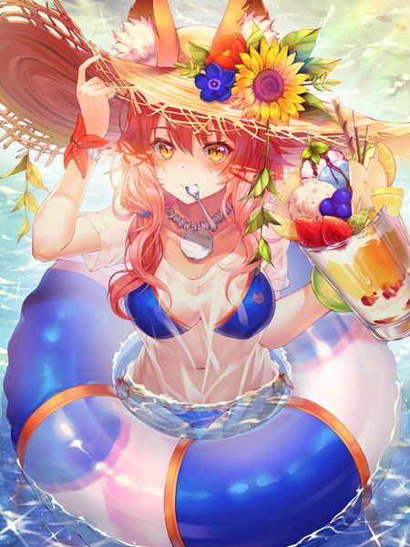 Anime picture 1200x1600 with fate (series) fate/grand order tamamo (fate) (all) tamamo no mae (swimsuit lancer) (fate) mellozzo single long hair tall image looking at viewer blush fringe breasts light erotic hair between eyes large breasts standing holding animal ears yellow eyes pink hair