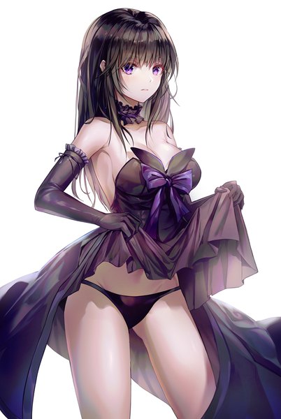 Anime picture 700x1043 with original limit x single long hair tall image looking at viewer fringe breasts light erotic black hair simple background hair between eyes large breasts standing white background purple eyes bare shoulders payot cleavage blunt bangs