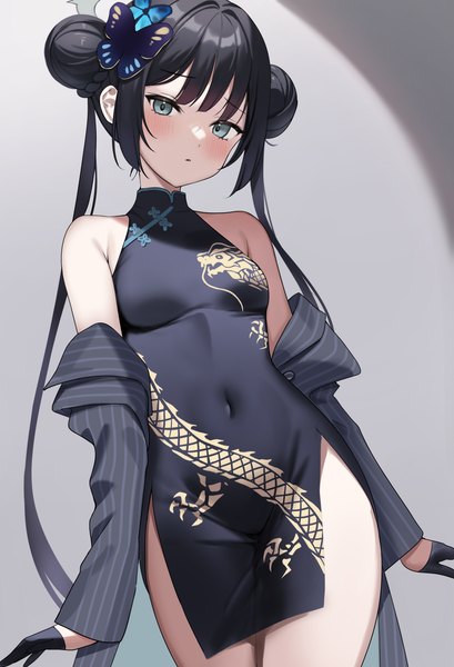 Anime picture 2600x3813 with blue archive kisaki (blue archive) hatsuno xxx single long hair tall image blush fringe highres light erotic black hair simple background twintails traditional clothes aqua eyes grey background hair bun (hair buns) covered navel chinese clothes side slit