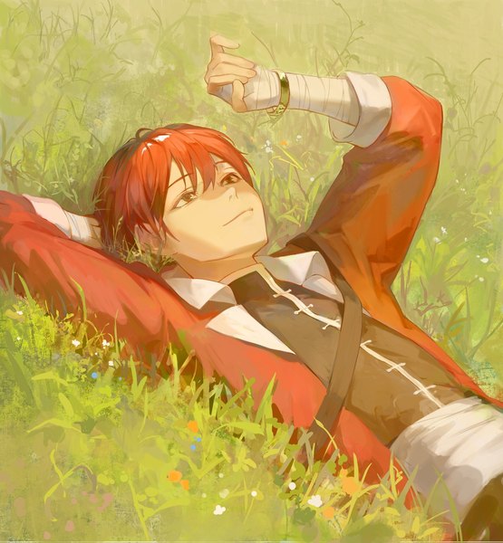 Anime picture 1629x1761 with sousou no frieren stark (sousou no frieren) yoruirooo777 single tall image fringe short hair hair between eyes upper body red hair lying arm up light smile on back boy plant (plants) grass bandage (bandages)