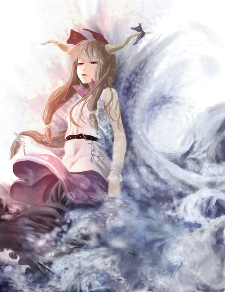 Anime picture 1077x1400 with touhou ibuki suika akaikitsune single tall image red eyes horn (horns) girl skirt bow ribbon (ribbons) hair bow shirt water belt chain wave (waves)