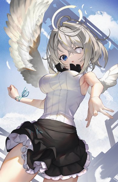 Anime picture 1944x2991 with original scottie (phantom2) single tall image looking at viewer fringe highres short hair breasts open mouth blue eyes hair between eyes sky silver hair cloud (clouds) ahoge outdoors from below heterochromia white wings