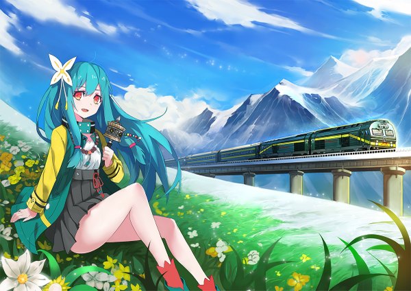 Anime-Bild 1200x849 mit original zhuxiao517 single long hair open mouth red eyes sitting holding looking away sky cloud (clouds) outdoors pleated skirt hair flower green hair wind teeth fang (fangs) mountain landscape