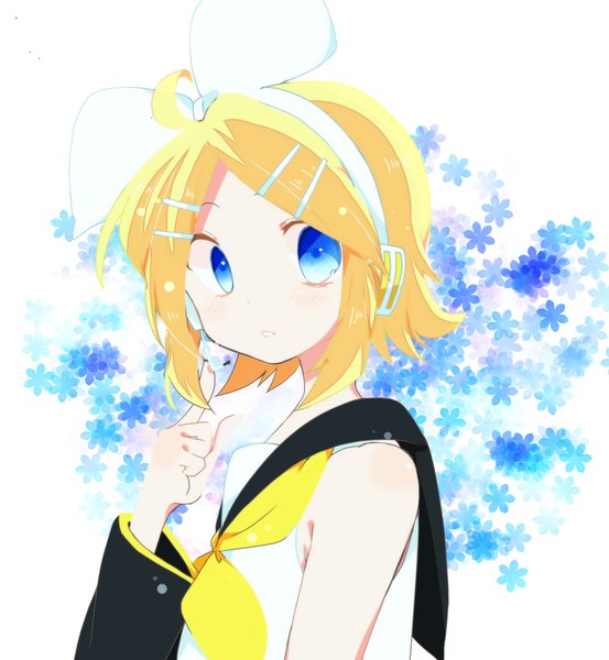 Anime picture 1200x1300 with vocaloid kagamine rin monaco0704 single tall image looking at viewer short hair blue eyes blonde hair white background bare shoulders upper body ahoge pointing surprised floral background girl bow hair bow detached sleeves