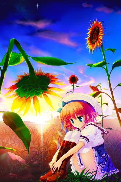 Anime picture 1024x1536 with yuyukana himezono risa mitha single tall image short hair blue eyes game cg red hair evening sunset girl thighhighs white thighhighs