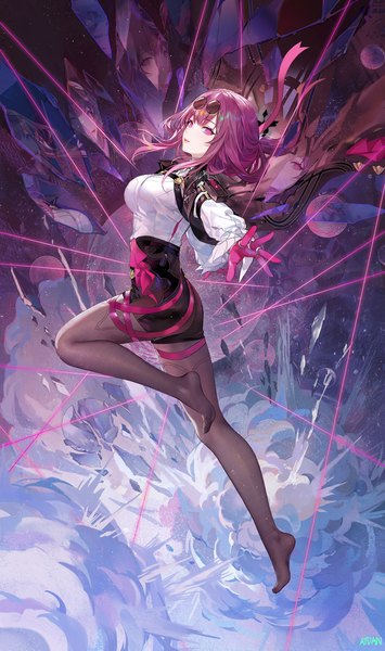 Anime picture 1500x2535 with honkai: star rail honkai (series) kafka (honkai: star rail) atdan single long hair tall image looking at viewer fringe breasts purple eyes purple hair full body bent knee (knees) long sleeves parted lips outstretched arm reflection sunglasses on head girl