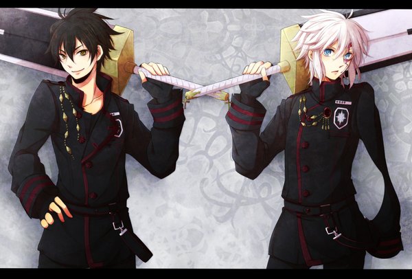 Anime picture 2360x1600 with d.gray-man allen walker neah walker fujiya (artist) looking at viewer highres short hair blue eyes black hair standing holding yellow eyes white hair light smile grey background multiple boys hand on hip scar open collar framed