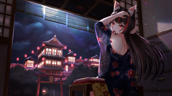 Anime picture 1536x864 with original nc731 single long hair looking at viewer fringe black hair red eyes wide image holding animal ears red hair blunt bangs traditional clothes japanese clothes looking back multicolored hair night two-tone hair short sleeves
