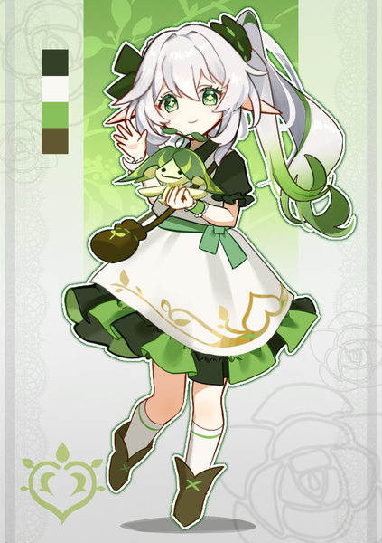 Anime picture 1105x1567 with genshin impact nahida (genshin impact) aranara (genshin impact) utori (tanakautori) single long hair tall image looking at viewer fringe smile hair between eyes standing holding green eyes full body white hair multicolored hair arm up pointy ears two-tone hair