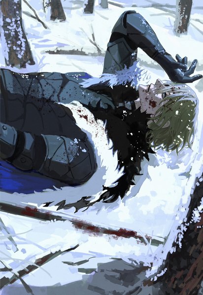 Anime picture 1406x2048 with fire emblem fire emblem: three houses nintendo dimitri alexandre blaiddyd osaki/iyo single tall image fringe short hair blue eyes blonde hair hair between eyes outdoors lying arm up on back looking up winter snow blood on face