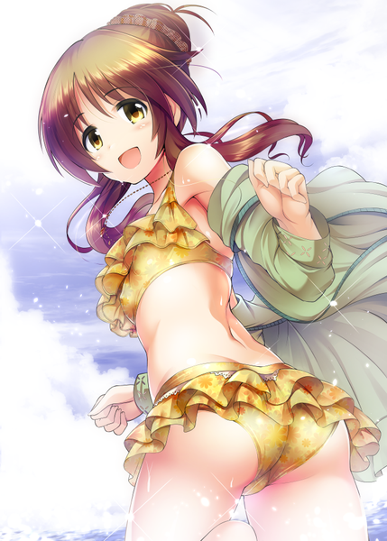 Anime picture 666x932 with idolmaster idolmaster cinderella girls takamori aiko ment single long hair tall image looking at viewer blush fringe breasts open mouth light erotic smile hair between eyes brown hair green eyes ass long sleeves :d