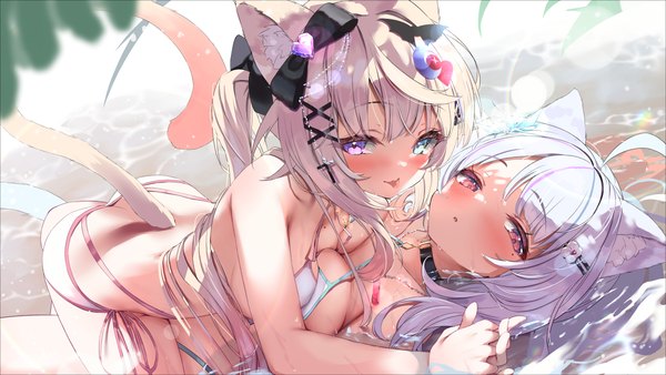Anime picture 7680x4320 with original nyahu (nyahu 77) long hair looking at viewer fringe highres breasts open mouth light erotic red eyes wide image large breasts purple eyes multiple girls animal ears payot absurdres silver hair ahoge ass