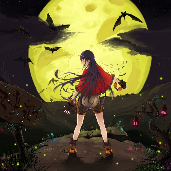 Anime picture 1600x1600 with original kamome yuu single long hair purple hair cloud (clouds) pink eyes looking back from behind night halloween flying girl gloves plant (plants) shorts boots fingerless gloves moon chain