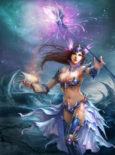 Anime picture 1060x1417 with redpeggy single long hair tall image breasts light erotic brown hair bare shoulders brown eyes wind realistic magic glow rock girl navel hair ornament detached sleeves armor book (books)