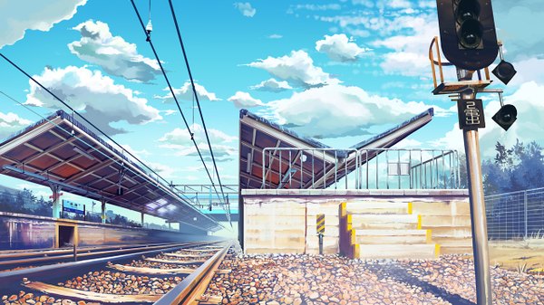 Anime picture 1280x720 with original gom jabbar wide image sky cloud (clouds) no people landscape plant (plants) tree (trees) stairs fence train station railroad tracks