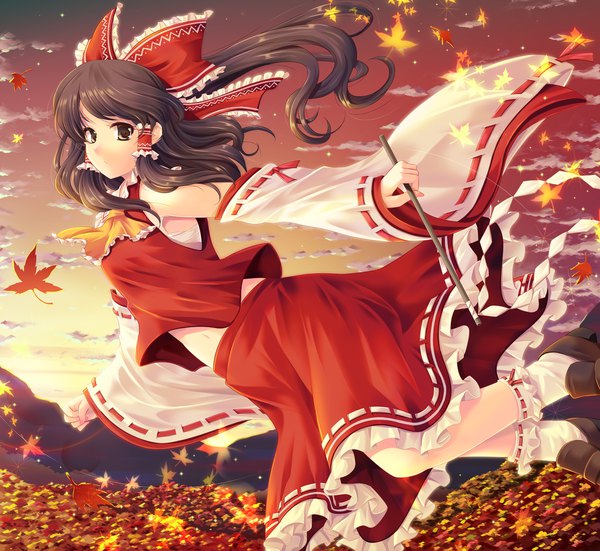 Anime picture 1634x1500 with touhou hakurei reimu cetera single long hair looking at viewer brown hair brown eyes ponytail midriff lens flare flying frilly skirt twilight girl skirt navel ribbon (ribbons) bow hair bow