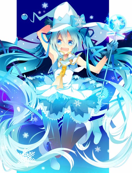 Anime picture 2000x2623 with vocaloid suki! yuki! maji magic (vocaloid) hatsune miku yuki miku yuki miku (2014) temari (deae) single long hair tall image highres open mouth smile twintails very long hair aqua eyes aqua hair hand on head jumping pillarboxed girl