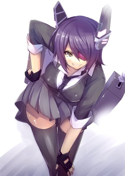 Anime picture 1157x1637 with kantai collection tenryuu light cruiser jijii48 single tall image looking at viewer blush fringe short hair breasts open mouth smile large breasts standing white background yellow eyes purple hair pleated skirt short sleeves hand on hip