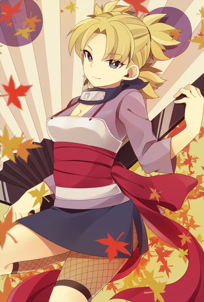 Anime picture 675x1000 with naruto studio pierrot naruto (series) temari (naruto) saku anna single tall image looking at viewer short hair blonde hair smile twintails traditional clothes japanese clothes black eyes short twintails quad tails girl leaf (leaves) obi