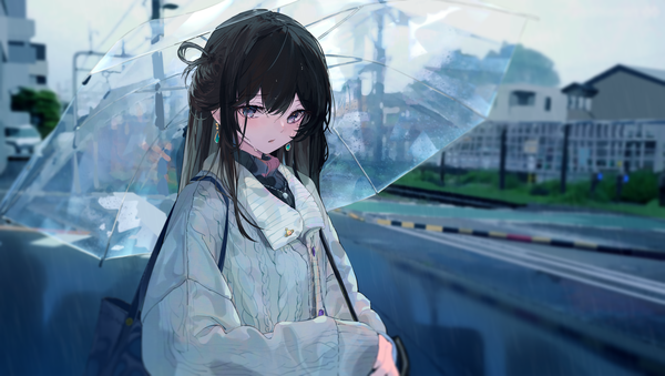 Anime picture 4912x2779 with original eggs zero single long hair looking at viewer blush fringe highres black hair hair between eyes wide image standing absurdres sky upper body outdoors long sleeves blurry mole wet