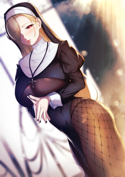 Anime-Bild 2480x3508 mit original blueorca single long hair tall image looking at viewer blush fringe highres breasts light erotic blonde hair red eyes large breasts standing long sleeves nail polish fingernails hair over one eye mole