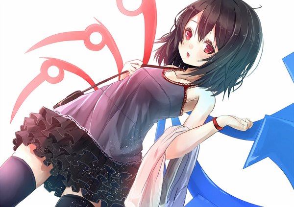 Anime picture 1100x777 with touhou houjuu nue reio reio single looking at viewer blush short hair open mouth black hair red eyes girl thighhighs skirt black thighhighs wings