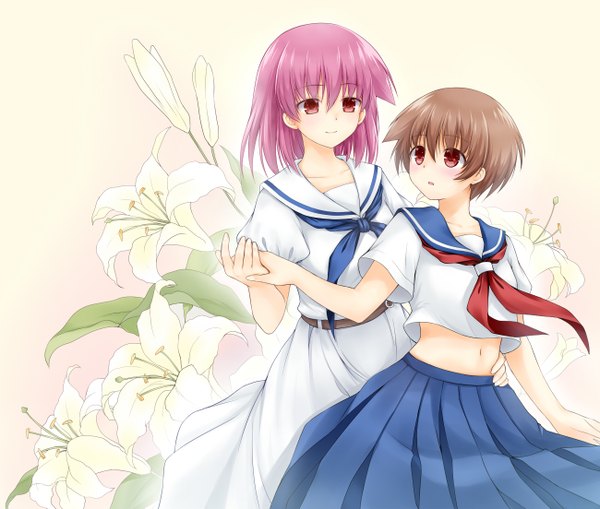 Anime picture 1300x1103 with saki miyanaga saki miyanaga teru weisuoxin blush short hair red eyes brown hair multiple girls pink hair midriff shoujo ai girl navel flower (flowers) 2 girls serafuku