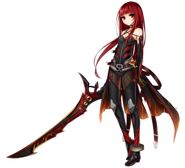 Anime picture 1530x1394 with elsword elesis (elsword) crimson avenger (elsword) haruya (lajoon) single long hair looking at viewer simple background red eyes white background bare shoulders red hair girl gloves weapon sword black gloves elbow gloves thigh boots