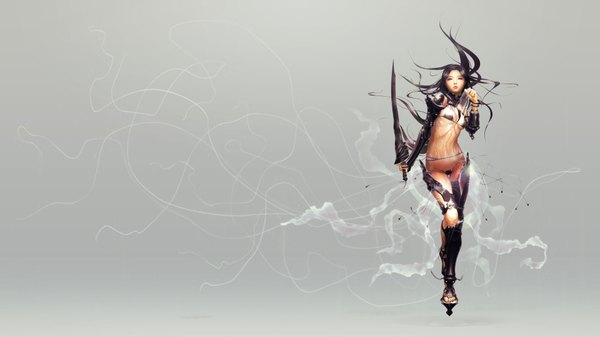 Anime picture 1920x1080 with elpinoy single long hair highres light erotic black hair simple background wide image realistic grey background wallpaper girl weapon swimsuit bikini sword armor chain