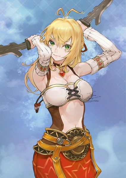 Anime picture 1061x1500 with xenoblade fiora (xenoblade) fadingz single long hair tall image looking at viewer fringe breasts light erotic blonde hair smile hair between eyes large breasts standing holding green eyes signed cleavage ahoge