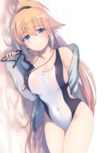 Anime picture 2894x4093 with fate (series) fate/grand order jeanne d'arc (fate) (all) jeanne d'arc (swimsuit archer) dyson (edaokunnsaikouya) single long hair tall image looking at viewer blush fringe highres breasts blue eyes light erotic simple background blonde hair hair between eyes large breasts white background