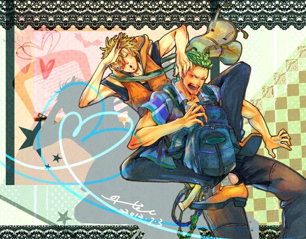 Anime picture 1000x781 with one piece toei animation roronoa zoro sanji hel looking at viewer blush fringe short hair open mouth blue eyes blonde hair green eyes signed one eye closed green hair wink hair over one eye off shoulder multiple boys