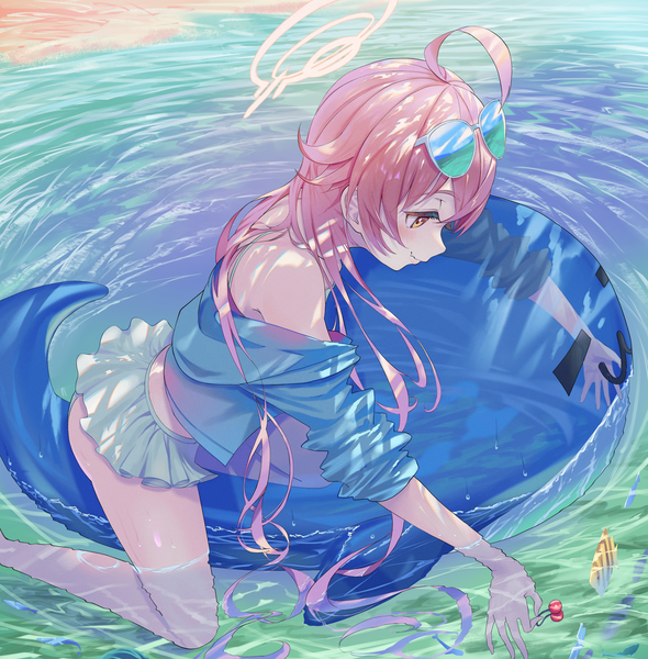 Anime picture 2631x2675 with blue archive hoshino (blue archive) hoshino (swimsuit) (blue archive) atatatatame01 single tall image highres light erotic yellow eyes pink hair ahoge very long hair profile partially submerged official alternate costume looking down sunglasses on head girl hair ornament swimsuit