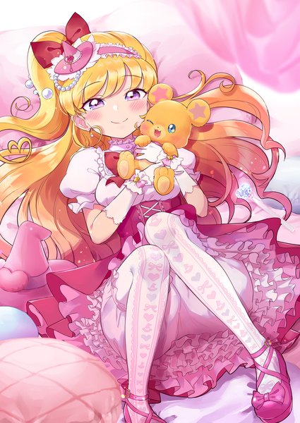 Anime picture 1500x2118 with precure mahou girls precure! toei animation asahina mirai cure miracle mofurun (mahou girls precure!) fuyuno single long hair tall image looking at viewer blush fringe light erotic blonde hair smile purple eyes full body indoors lying