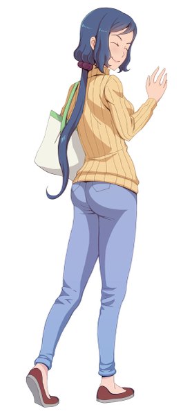 Anime picture 557x1200 with mobile suit gundam gundam build fighters sunrise (studio) iori rinko hayate (leaf98k) single long hair tall image simple background smile white background blue hair eyes closed girl pants sweater bag