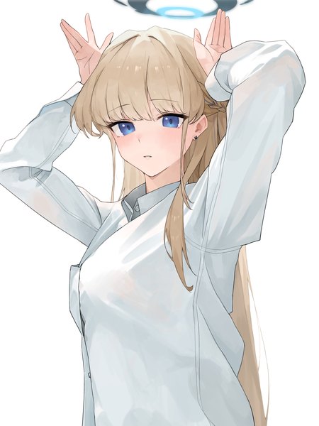 Anime picture 4500x6000 with blue archive toki (blue archive) randouworks single long hair tall image fringe highres blue eyes simple background blonde hair white background absurdres upper body expressionless bunny pose girl shirt white shirt halo