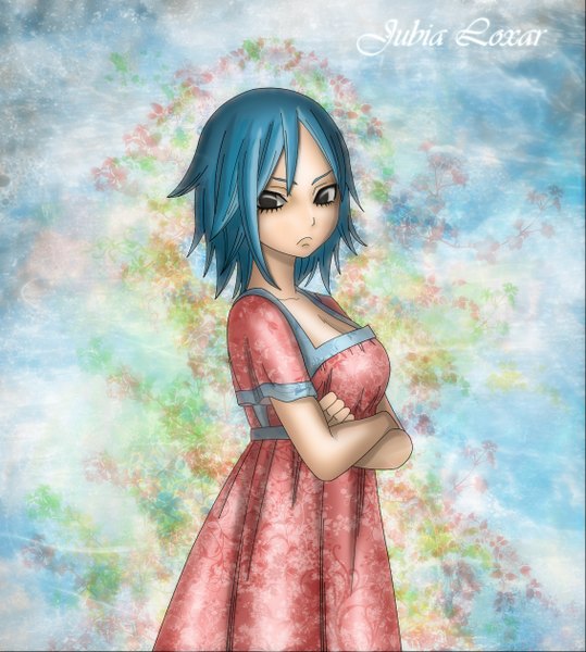 Anime picture 1132x1260 with fairy tail juvia lockser gray fullbuster (artist) single long hair tall image simple background blue hair inscription grey eyes coloring crossed arms girl dress