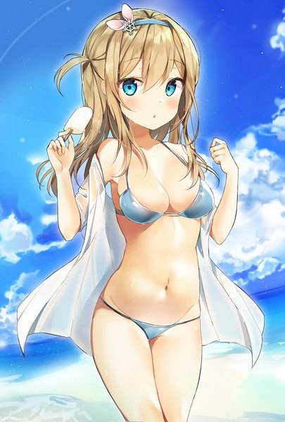 Anime picture 774x1146 with girls frontline suomi kp31 (girls frontline) sabet (young ouo) single long hair tall image looking at viewer blush fringe breasts blue eyes light erotic blonde hair hair between eyes standing bare shoulders payot sky cloud (clouds) sunlight